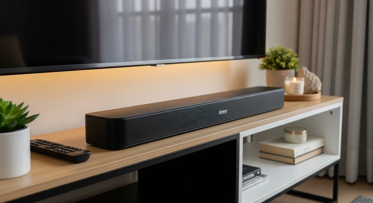 Uma soundbar preta e fina posicionada abaixo de uma TV em um rack, mostrando uma solução de som compacta e barata para melhorar o áudio.