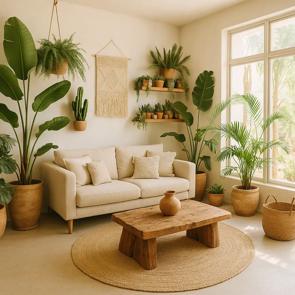 Sala estilo escandinavo no Centro-Oeste do Brasil, com muitas plantas tropicais, madeira bruta e texturas naturais, refletindo a exuberância do cerrado.