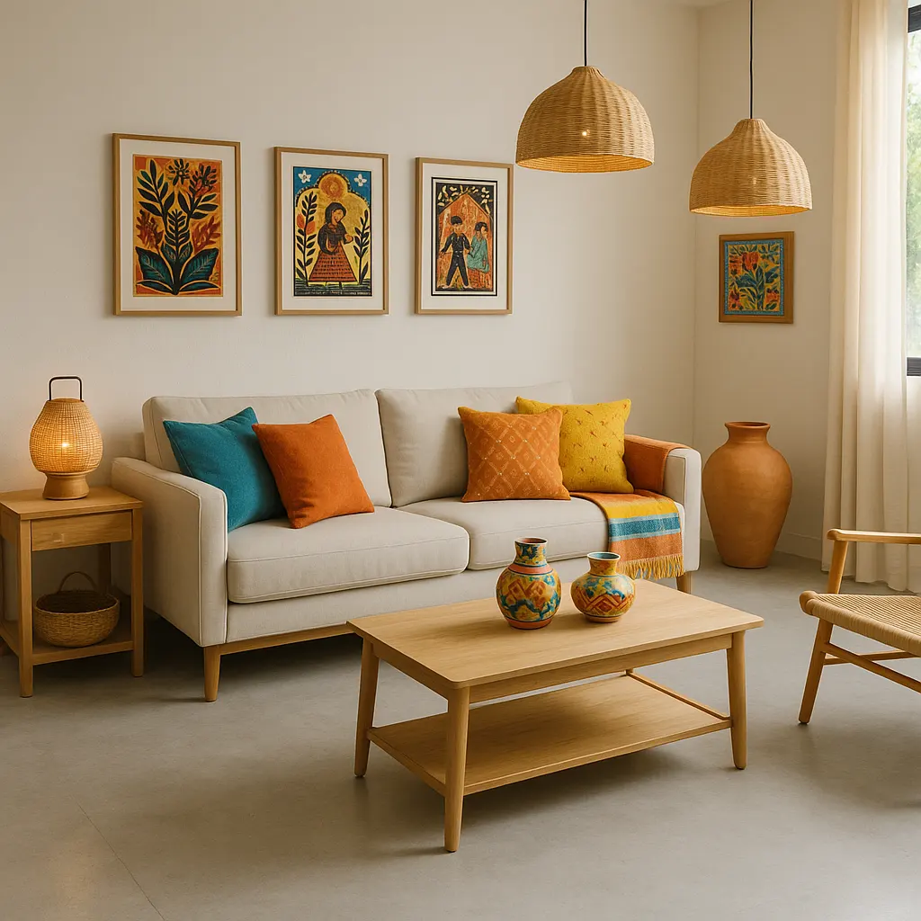 Sala estilo escandinavo no Nordeste brasileiro, com paredes claras, toques de azul-turquesa, artesanato local e luminárias de palha, celebrando a cultura regional.