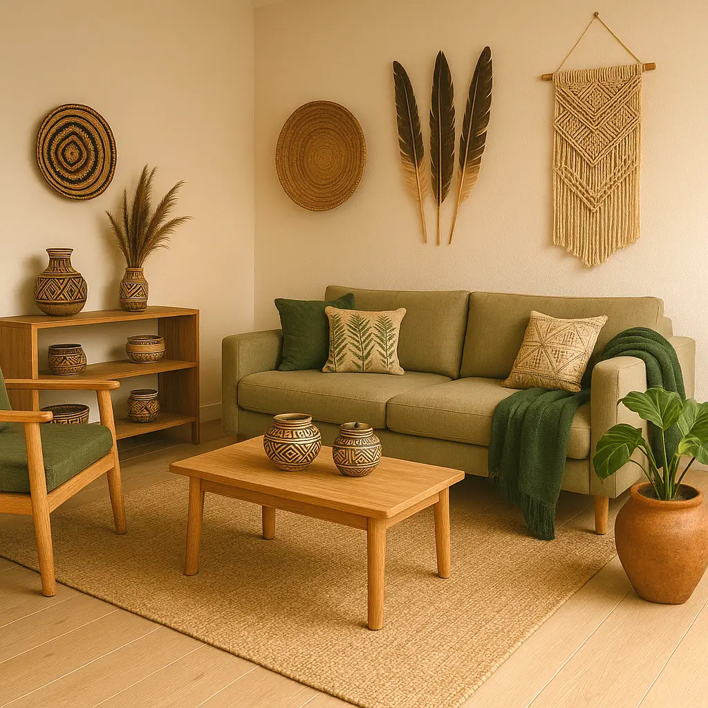 Sala estilo escandinavo no Norte do Brasil, com elementos de arte indígena, cestarias, madeira natural e tons terrosos, conectando com a floresta amazônica.