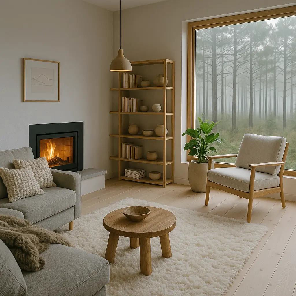 Sala estilo escandinavo no Sul do Brasil, com lareira acesa, muita madeira clara, tecidos felpudos e vista para a natureza.
