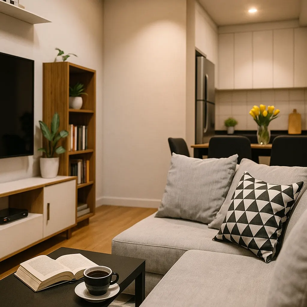 Estante decorada com agrupamentos de objetos em números ímpares, utilizando livros, vasos e esculturas com bom espaçamento.