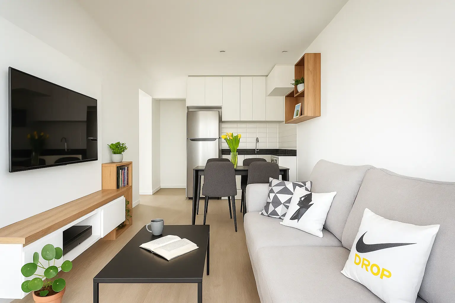 Ambiente aconchegante e harmonioso, com elementos decorativos dispostos de forma que aplicam a regra 3-5-7, exibindo equilíbrio e dinamismo.