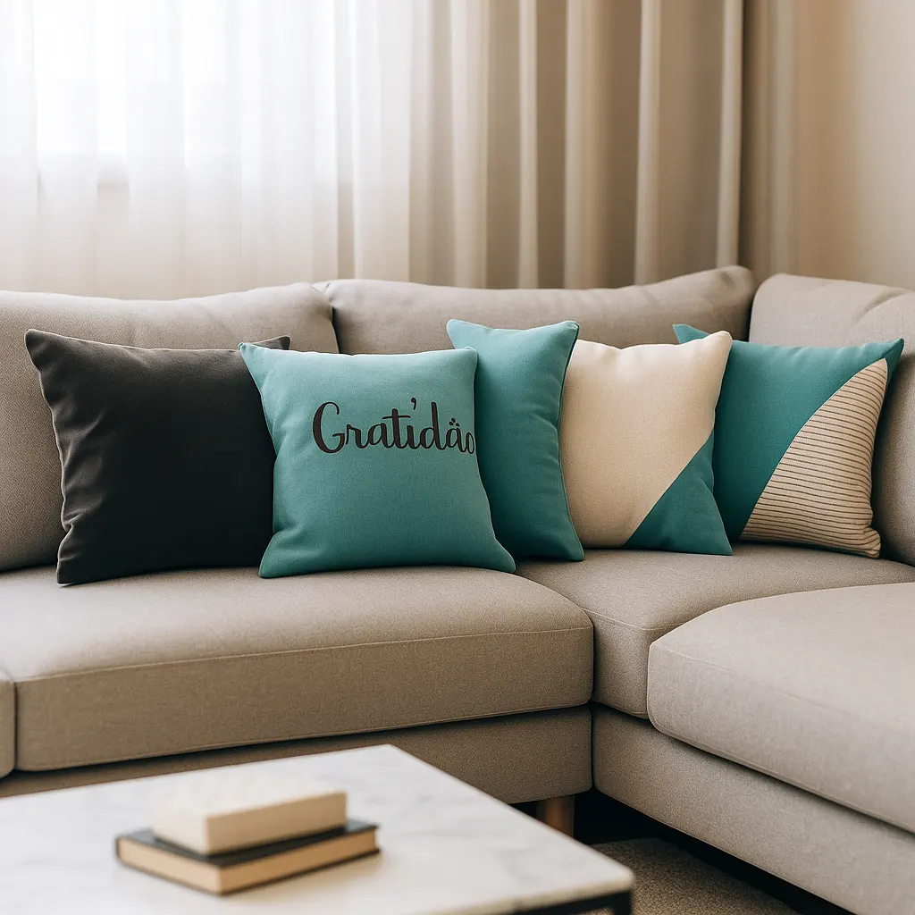 Sofá decorado com 3 a 5 almofadas de diferentes tamanhos e texturas, criando uma composição assimétrica e aconchegante.