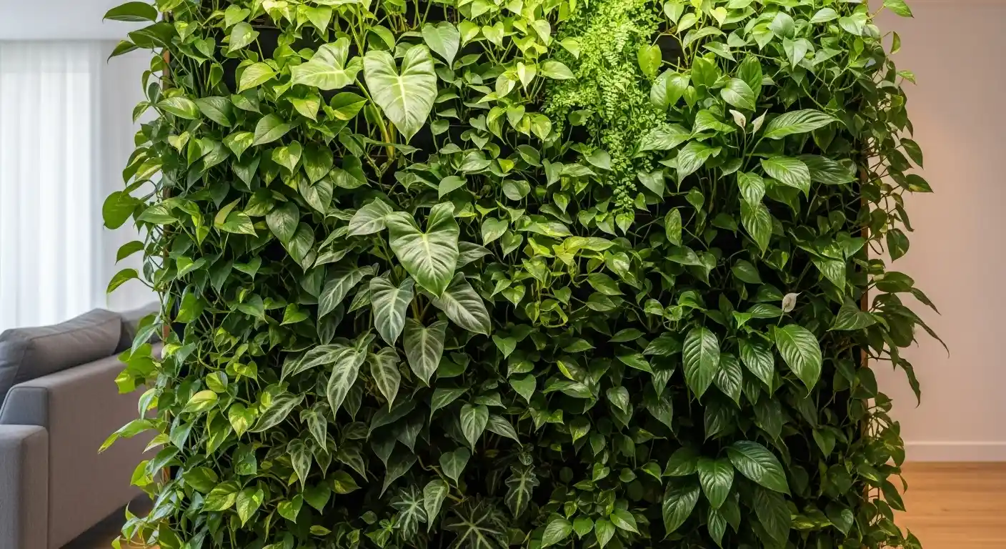 Sala de estar com uma parede de jardim vertical e várias plantas espalhadas, exemplificando a tendência da decoração biofílica.