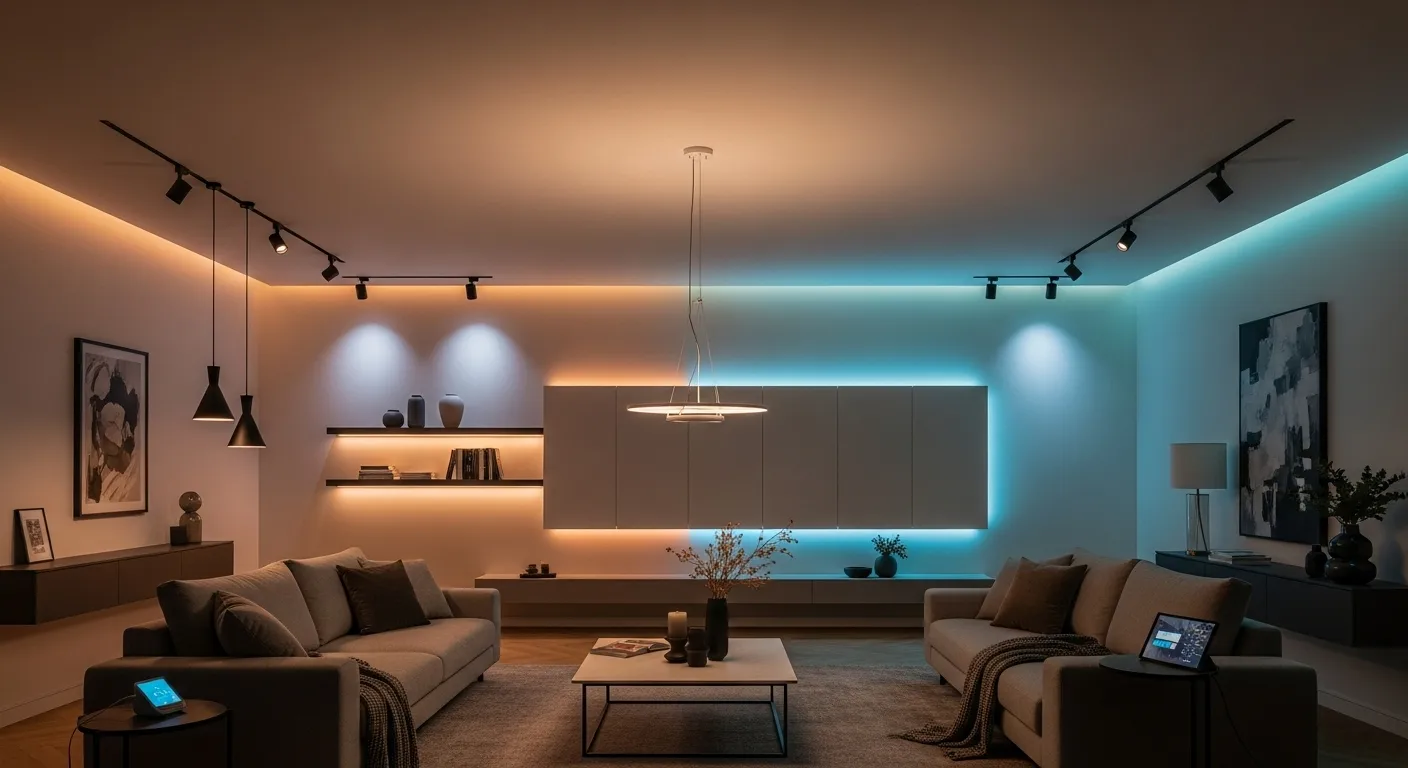 Sala moderna com luminárias inteligentes, spots direcionáveis e diferentes cenários de luz, ilustrando a tendência de iluminação multifuncional em 2025.