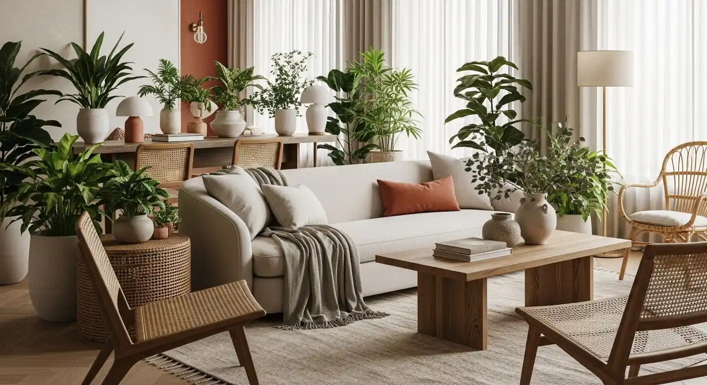 Sala de estar moderna com as principais tendências de decoração para 2025.