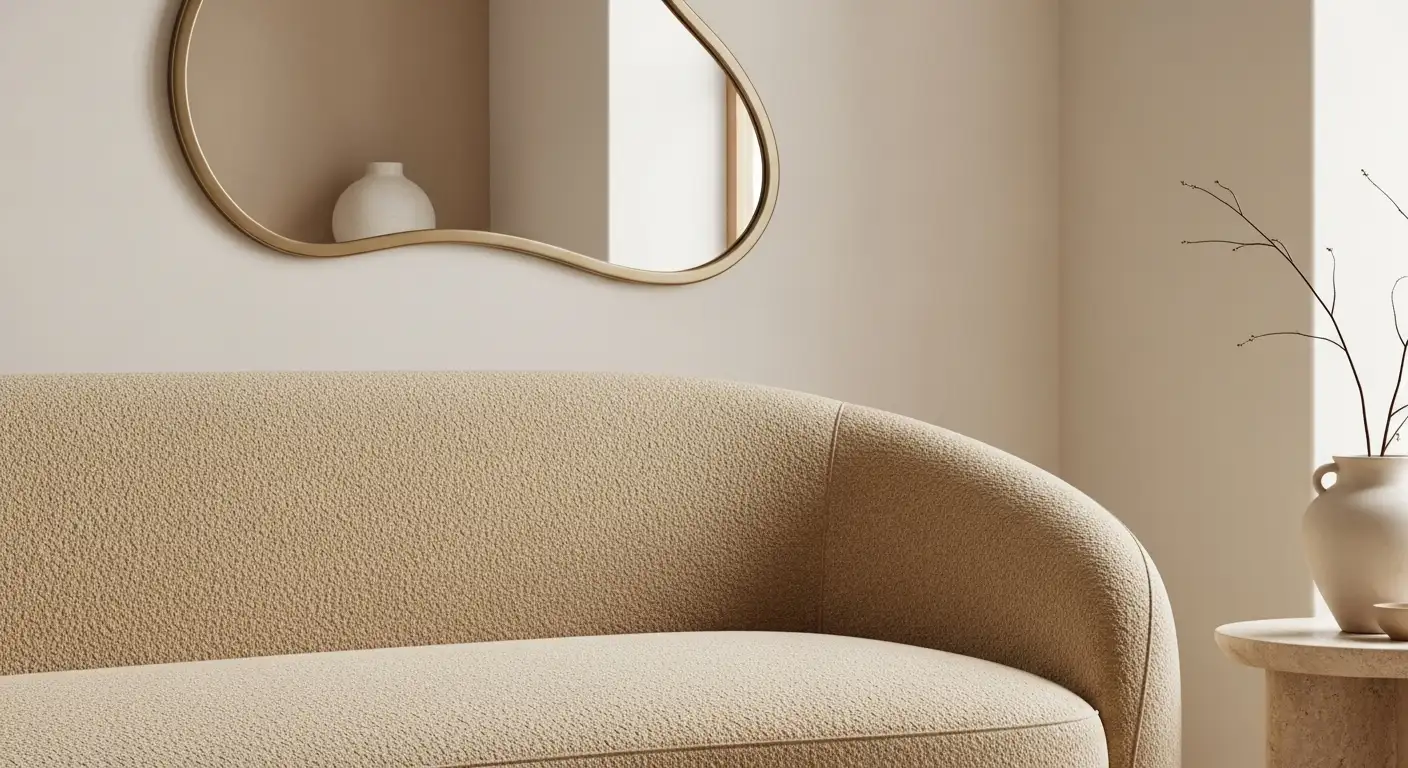 Sala com um sofá curvo e um espelho de formato irregular na parede, destacando a tendência de formas orgânicas e fluidas na decoração.
