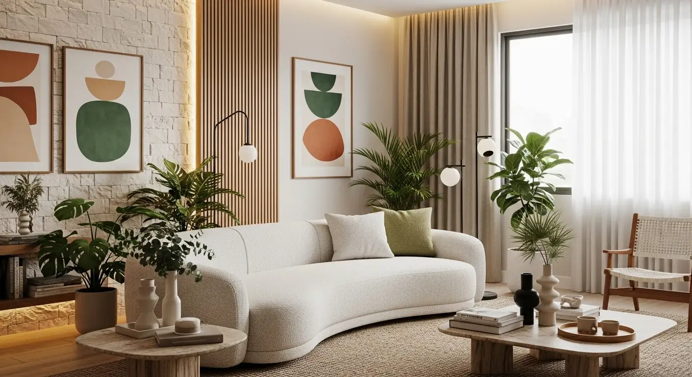 Sala de estar moderna e aconchegante com sofá curvo, plantas e texturas naturais - Tendências de Decoração 2026.