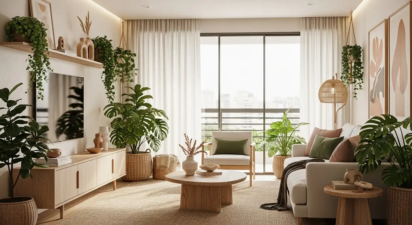 Sala de estar com grandes janelas, plantas exuberantes e móveis de madeira clara - Design Biofílico 2026.
