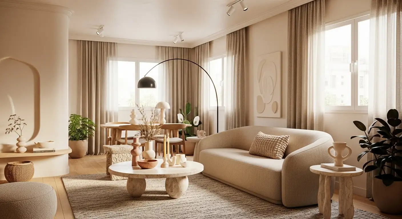 Sala de estar com sofá curvo bege, mesa de centro redonda e decoração suave - Formas Orgânicas 2026.