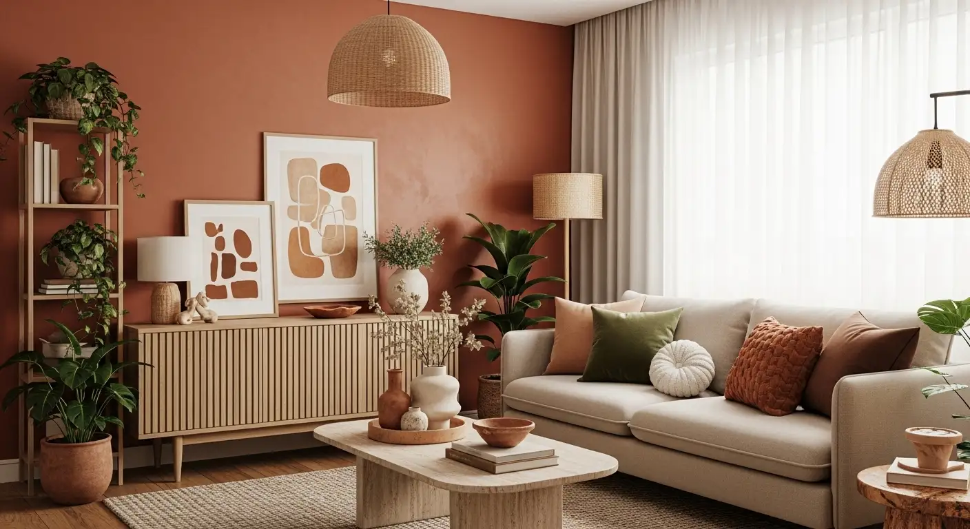 Sala de estar com parede em tom terracota, sofá bege e almofadas em tons de verde e marrom - Cores Terrosas 2026.