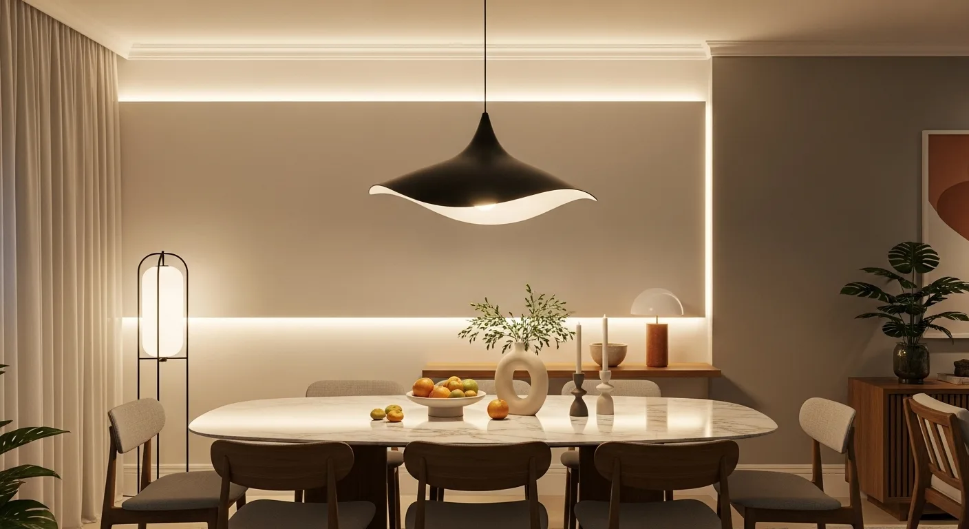 Sala de jantar com um pendente moderno de design arrojado e iluminação indireta suave - Iluminação Estratégica 2026.