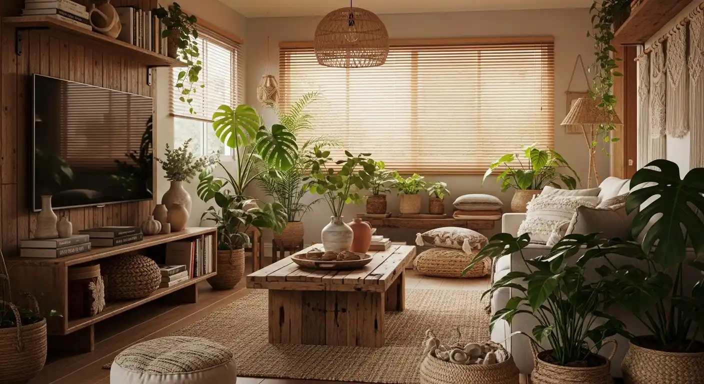 Sala decorada com móveis de madeira de demolição, plantas e objetos artesanais - Decoração Sustentável 2026.