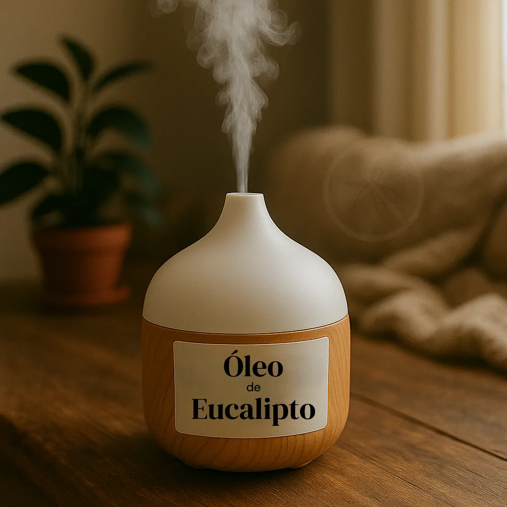 Difusor de óleo essencial de eucalipto liberando vapor, representando a ação repelente do aroma.