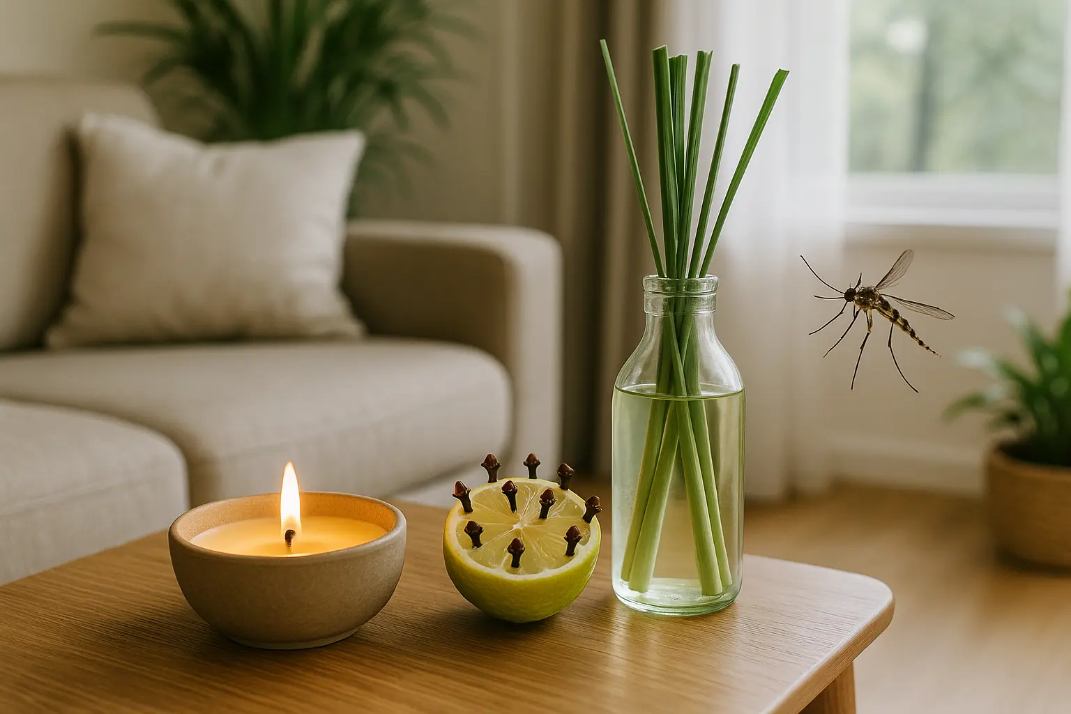 Ambiente sendo protegido contra mosquitos com soluções caseiras, como citronela e limão com cravo.