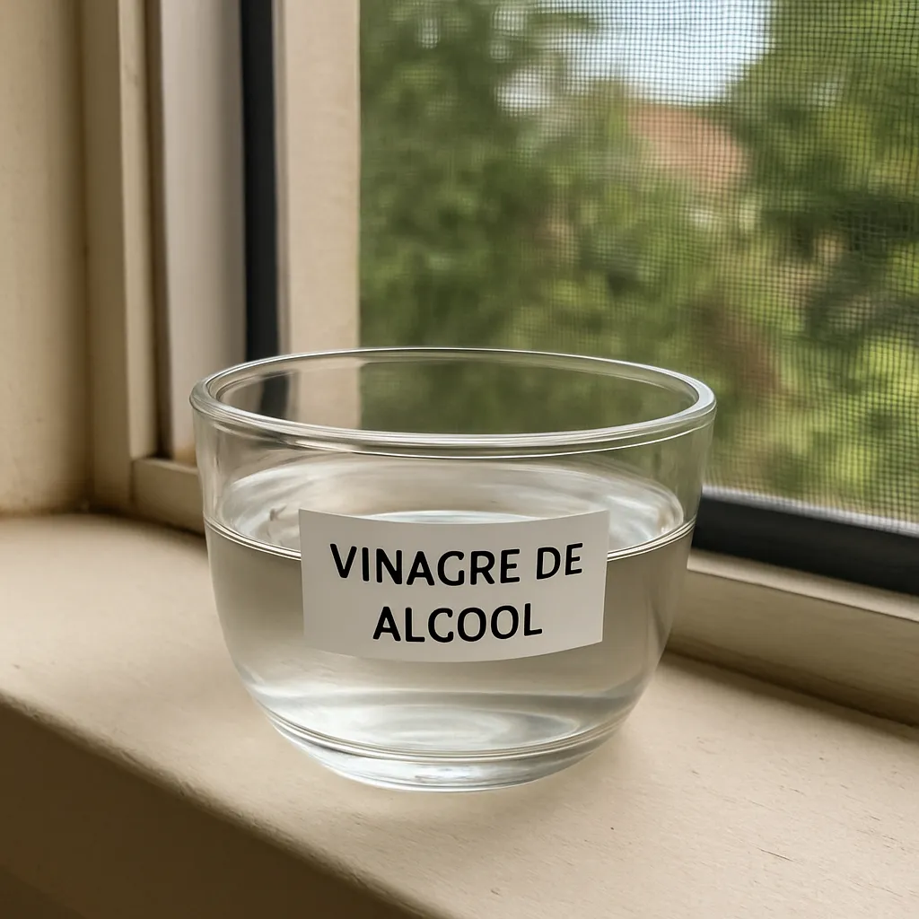 Pequeno recipiente com vinagre de álcool em uma janela, simbolizando sua ação repelente em pontos de entrada.