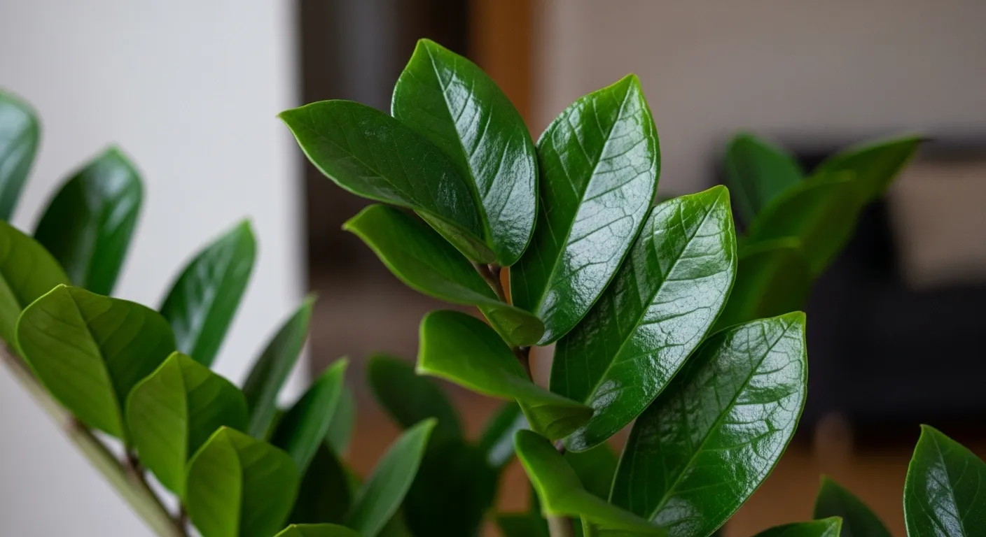 Close nas folhas verde-escuras e brilhantes da Zamioculca, mostrando sua textura e vitalidade que ajudam a purificar o ar.
