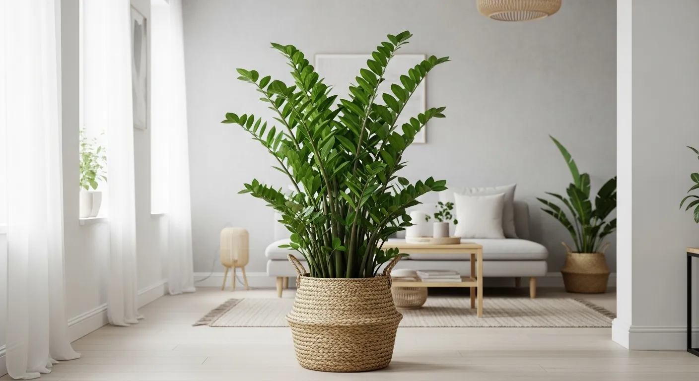 Uma Zamioculca grande e vistosa em um cesto de palha, servindo como o principal ponto de destaque na decoração de uma sala minimalista.