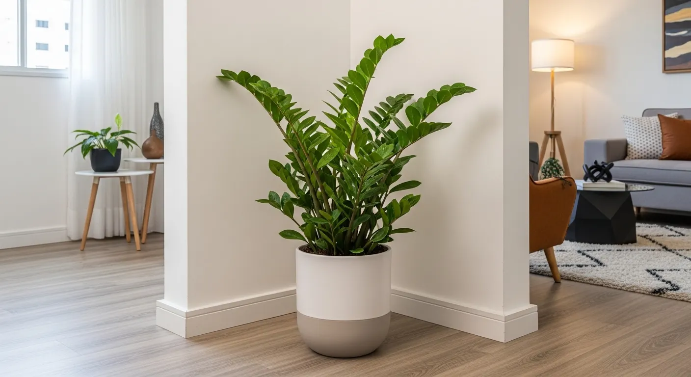 Uma exuberante planta Zamioculca em um vaso de cerâmica moderno, decorando o canto de uma sala de estar bem iluminada.