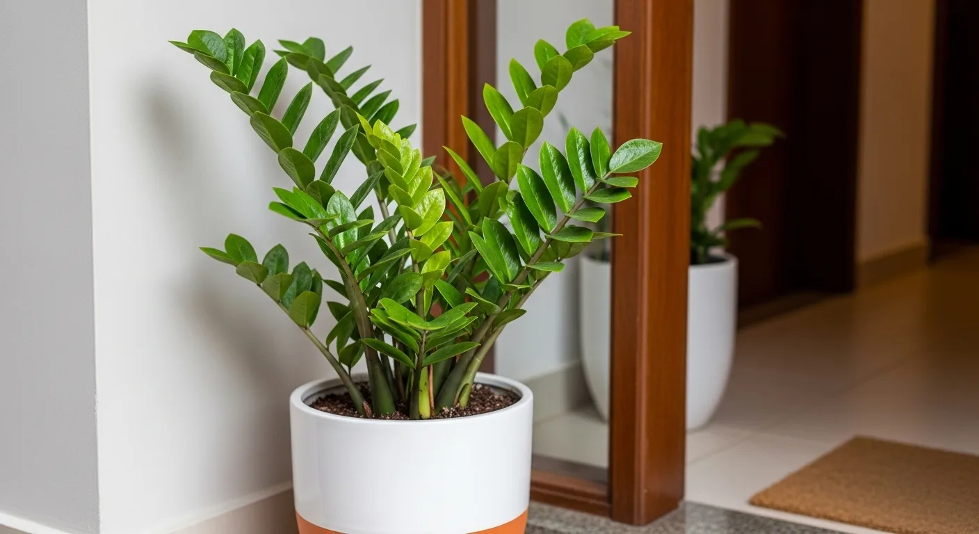 Uma planta Zamioculca posicionada estrategicamente ao lado da porta de entrada de uma casa, seguindo os princípios do Feng Shui.