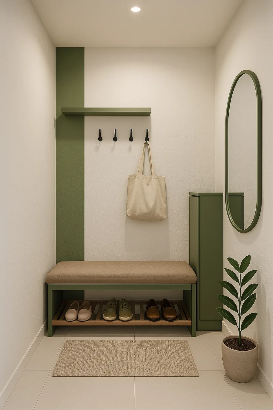 Hall de entrada com banco de madeira alcochoado, vaso de planta e ganchos