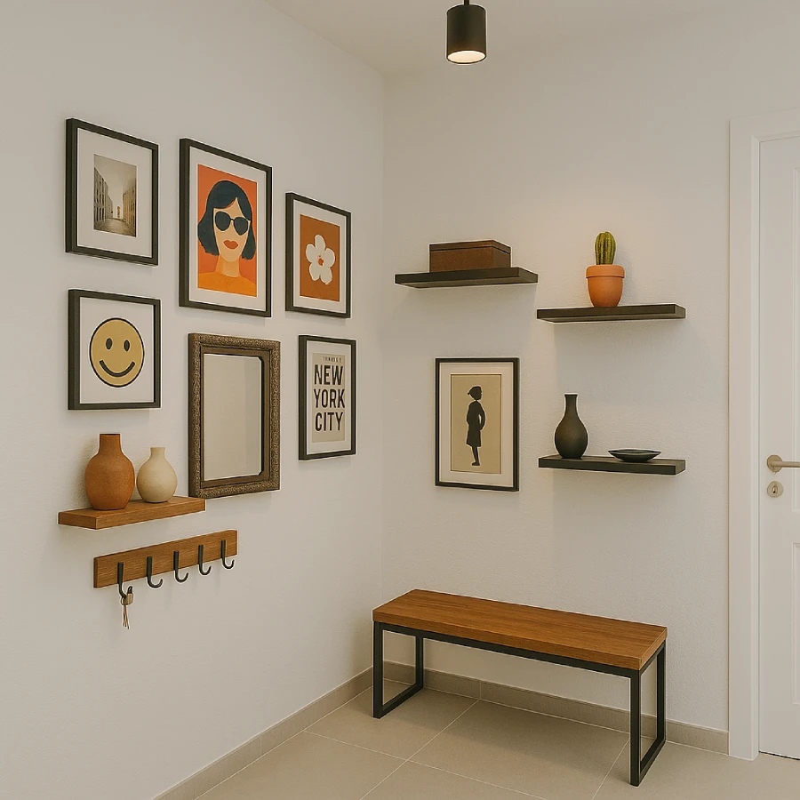 Hall de entrada com quadros decorativos coloridos e banco de madeira