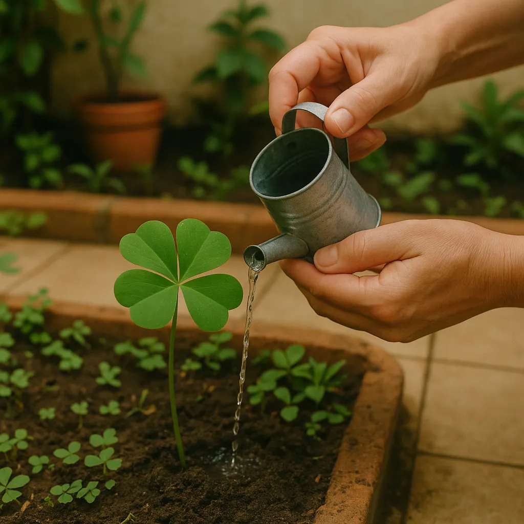 Mãos cuidadosas regando a planta trevo de quatro folhas no jardim, um gesto de carinho e conexão com a natureza.