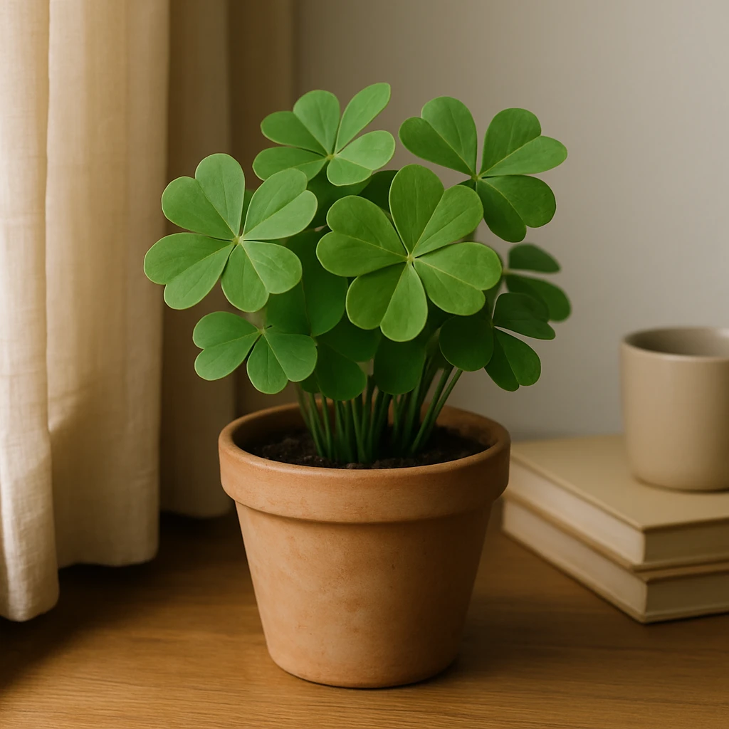 Vaso com a planta trevo de quatro folhas (Oxalis tetraphylla) bem cuidada, ideal para decorar e atrair sorte.