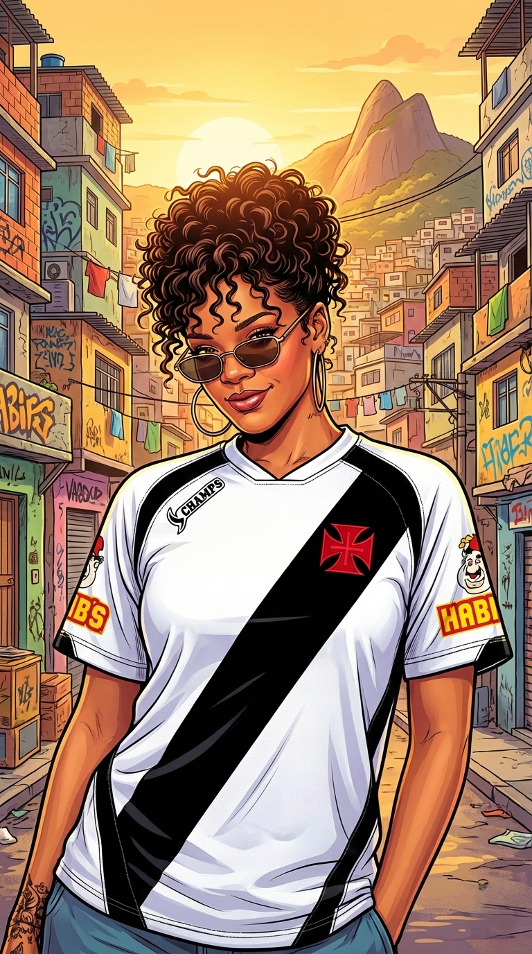 Rihanna com perfil do Vasco Champs - Design com faixa contínua em estilo fun art