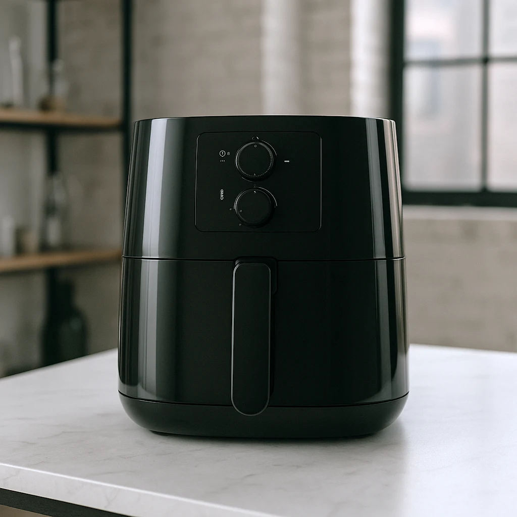 Air Fryer compacta na mesa, representando um presente prático