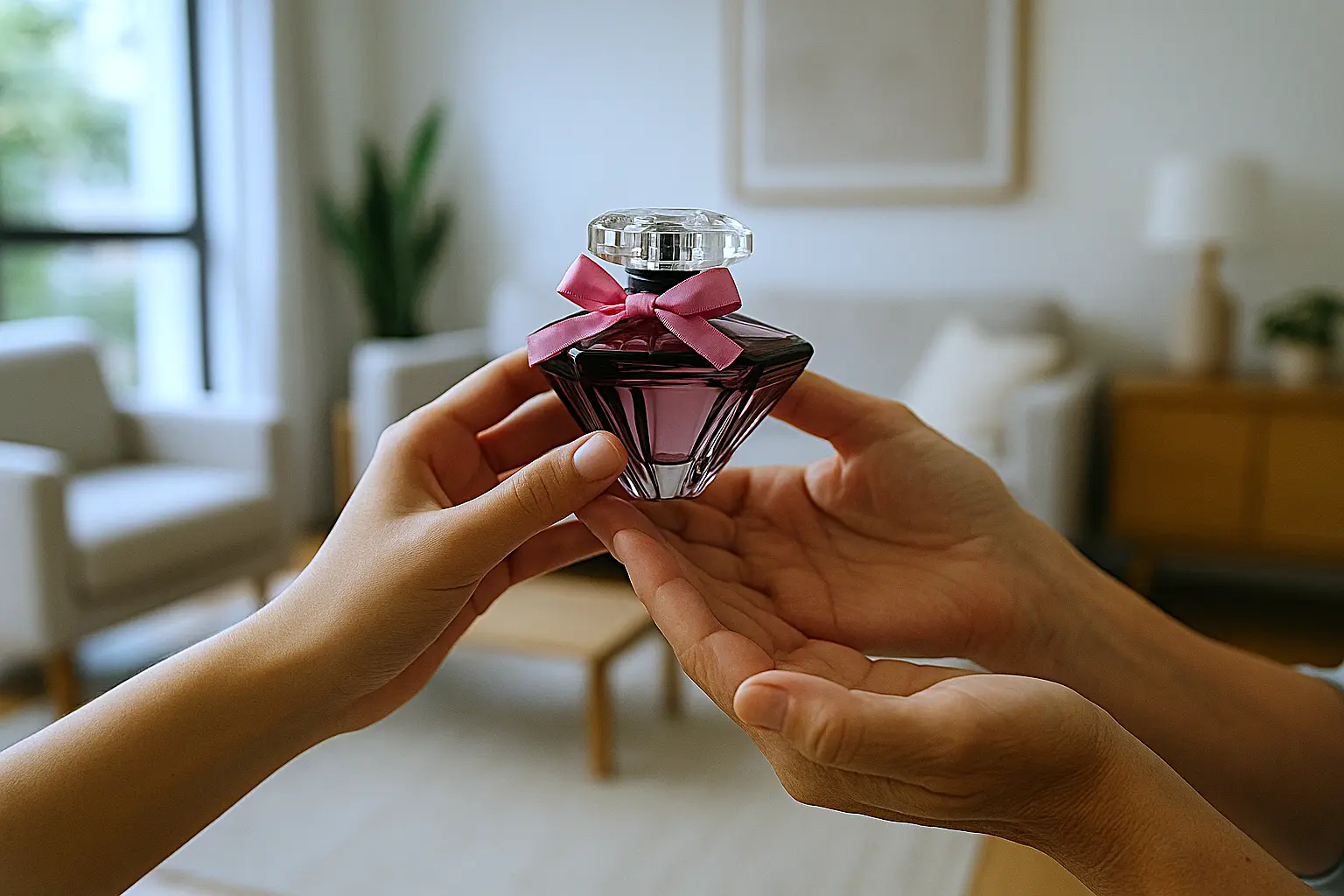 Mulher recebendo um perfume com laço, representando um presente atemporal