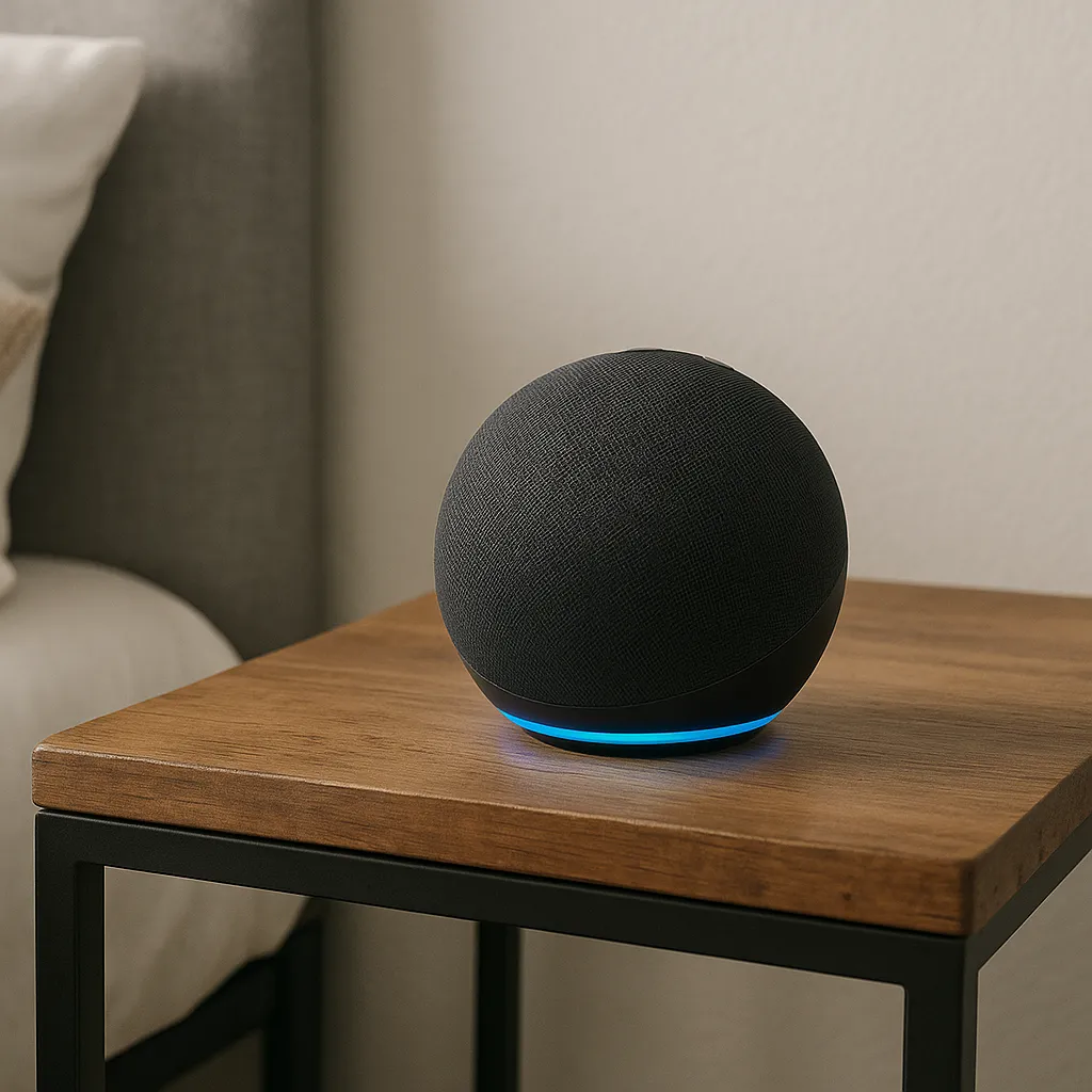 Assistente Virtual Echo Dot com Alexa na mesa, representando um presente tecnológico