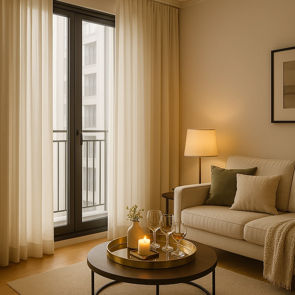 Sala de estar elegante com cortinas longas e fluidas em tecido leve