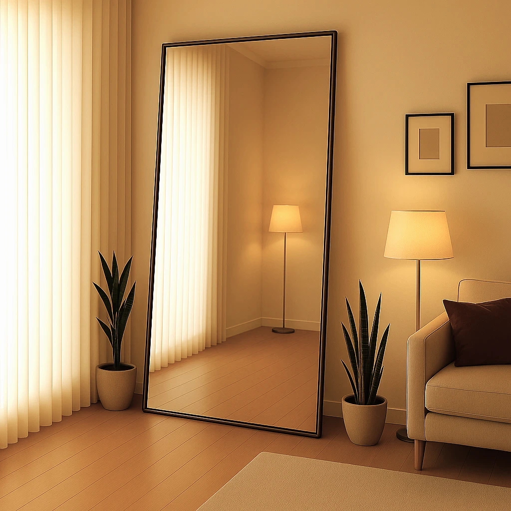 Espelho grande apoiado na parede de um quarto moderno, refletindo a luz e o espaço