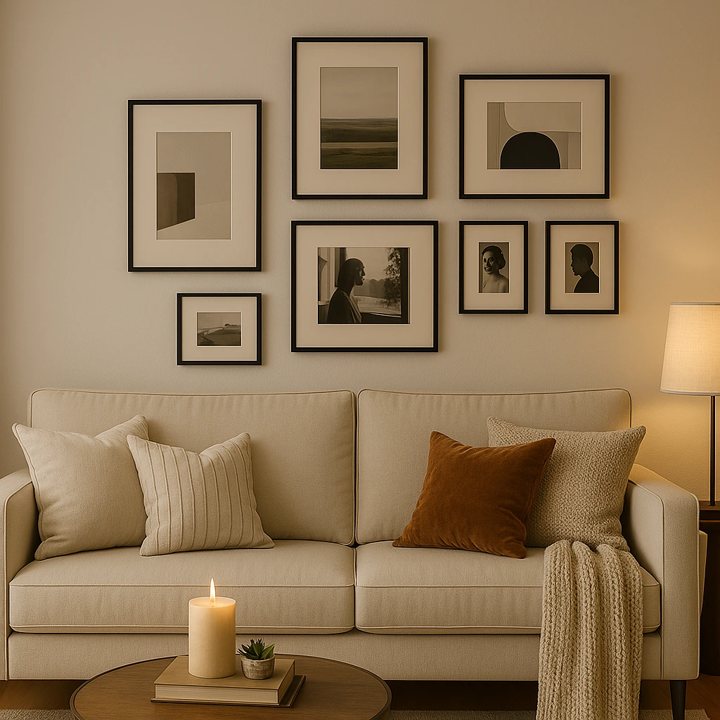 Parede com composição de quadros e gravuras com molduras elegantes