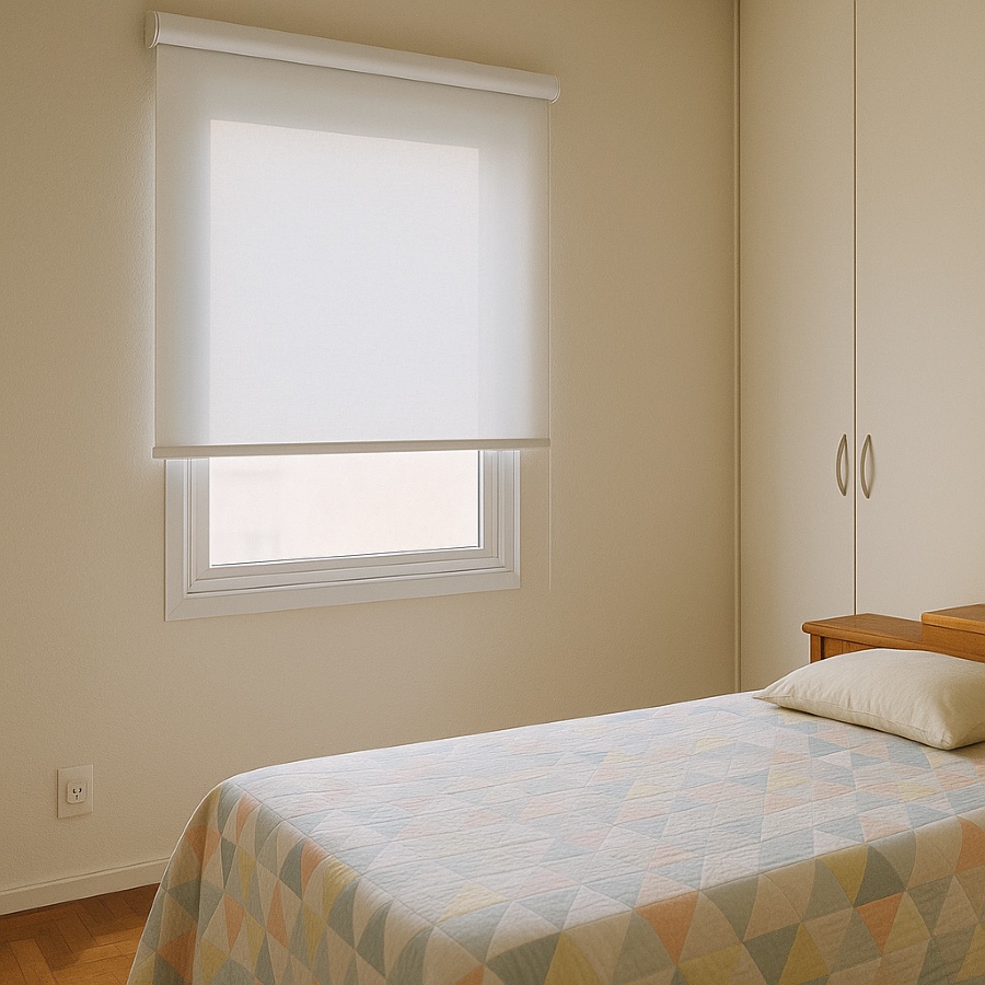Quarto com persiana rolô permitindo a entrada de luz suave