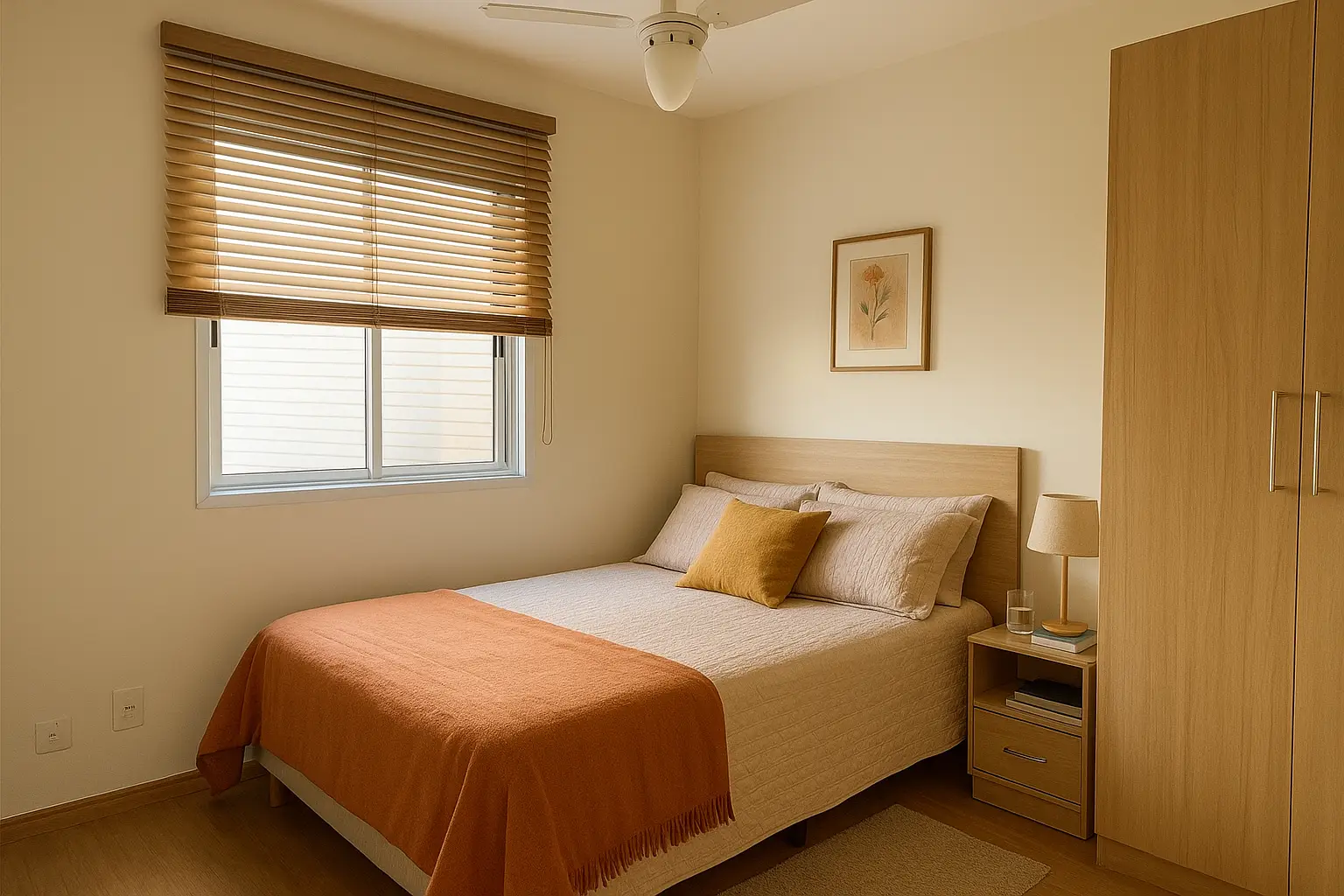 Quarto aconchegante com persiana horizontal marrom em destaque