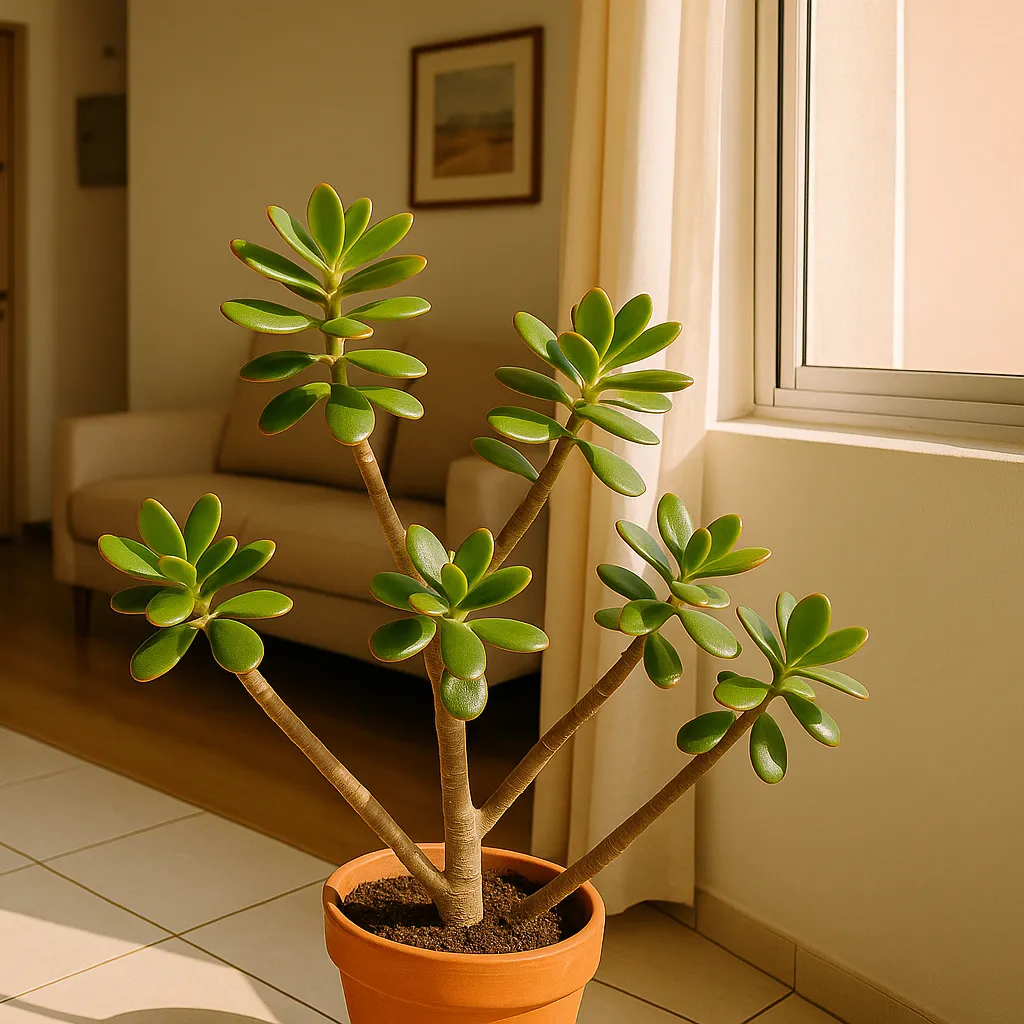Planta Jade com folhas brilhantes refletindo a luz, simbolizando a energia positiva e o bem-estar.