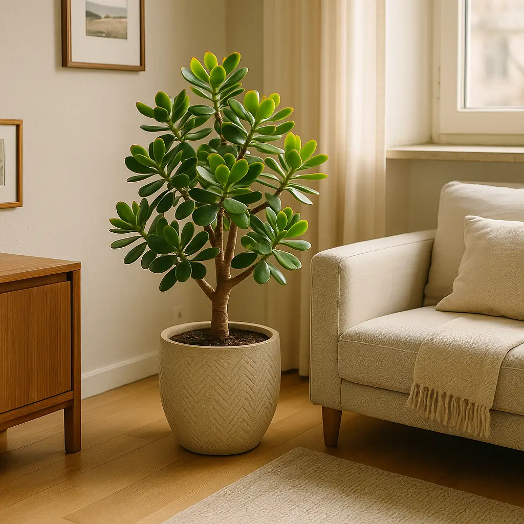 Planta Jade em um vaso decorativo, posicionada em um ambiente de sala de estar seguindo os princípios do Feng Shui.