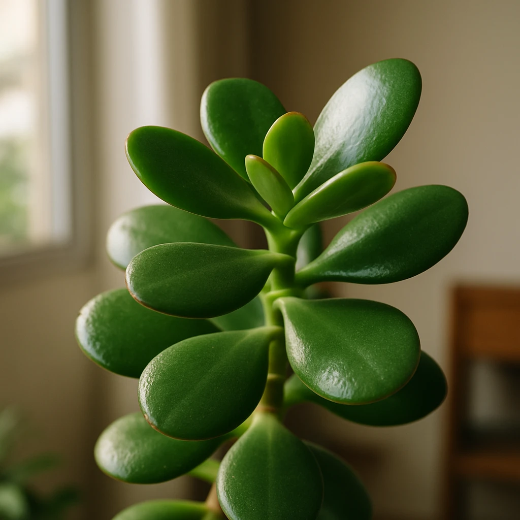 Close-up das folhas verdes, espessas e brilhantes da Planta Jade, que se assemelham a moedas.