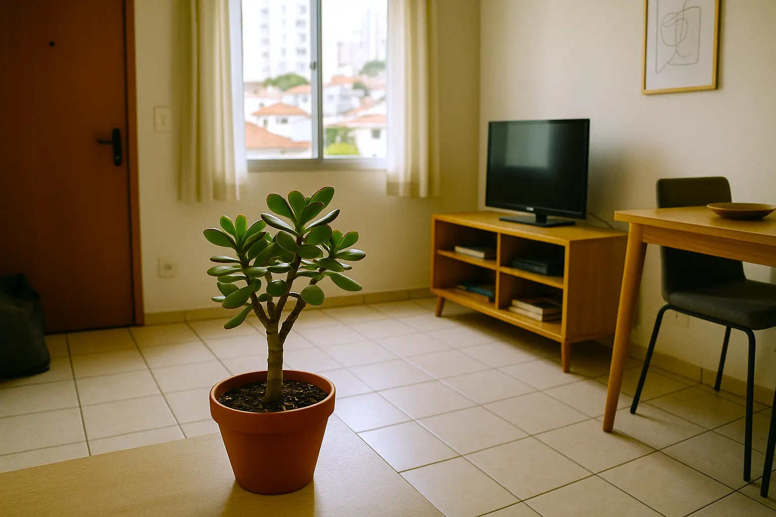 Planta Jade (Crassula ovata) em um vaso elegante, simbolizando prosperidade e sorte no lar.