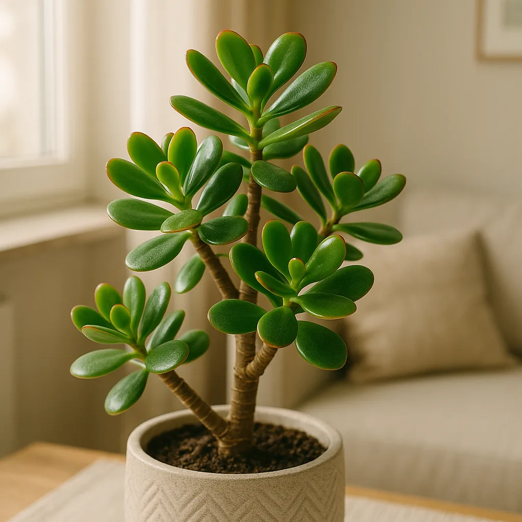 Visão pessoal da minha Planta Jade decorando a sala de estar, um ponto de cor e esperança.
