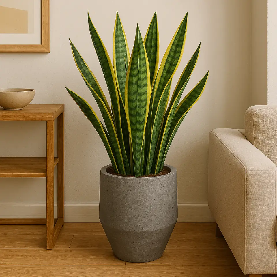 Planta Espada de São Jorge em um vaso minimalista em um ambiente com iluminação artificial