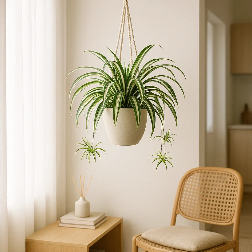 Planta-Aranha com suas folhas listradas e mudas penduradas em um ambiente interno