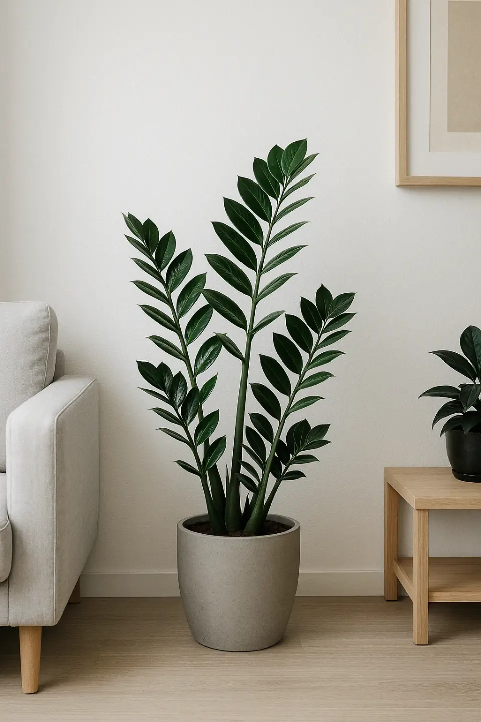 Detalhe das folhas brilhantes e escuras da planta Zamioculca em um vaso moderno