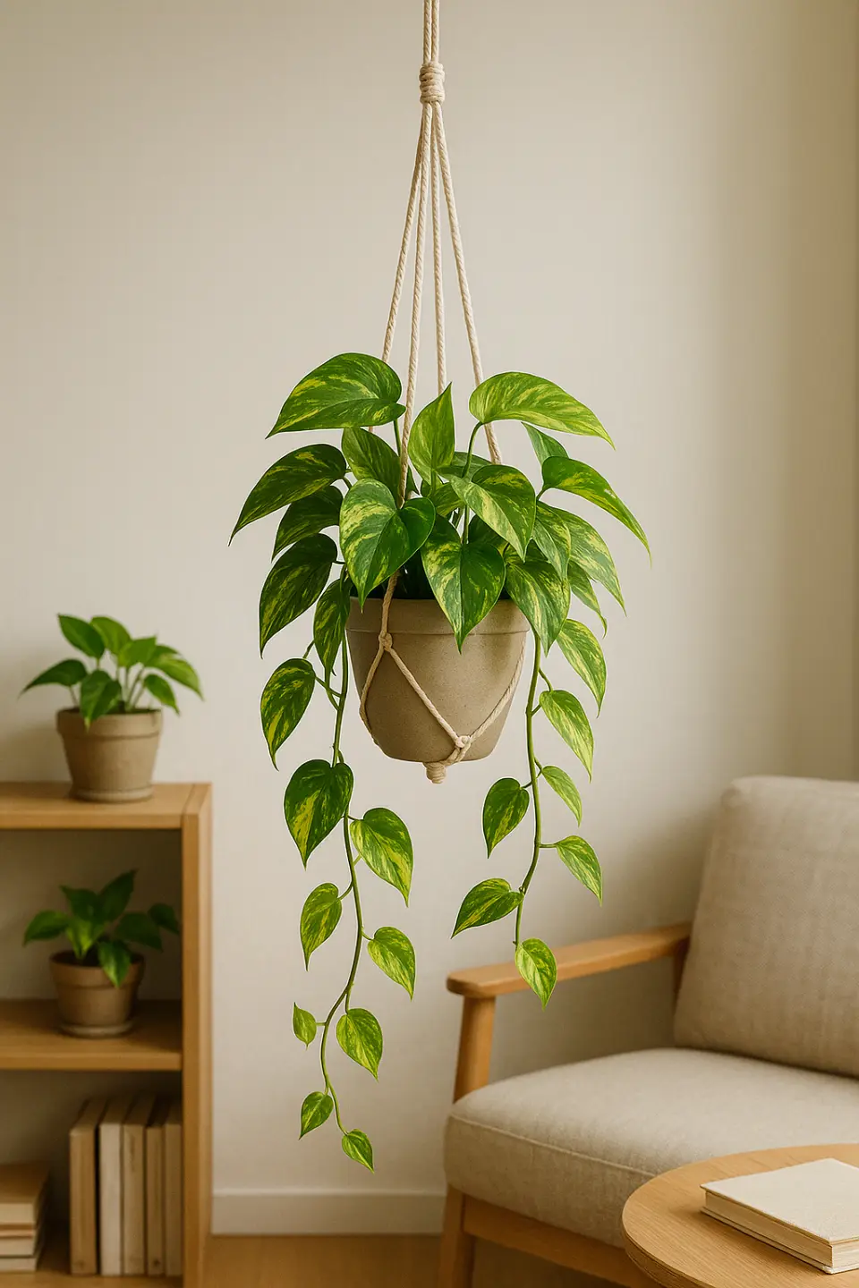 Pothos com suas folhas vibrantes pendendo de um vaso em um ambiente interno