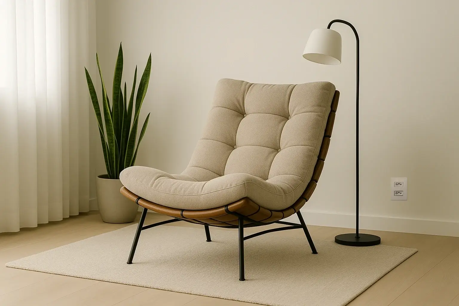 Sala minimalista com poltrona costela na cor off-white e apoio em madeira e pés de metal ao centro em destaque