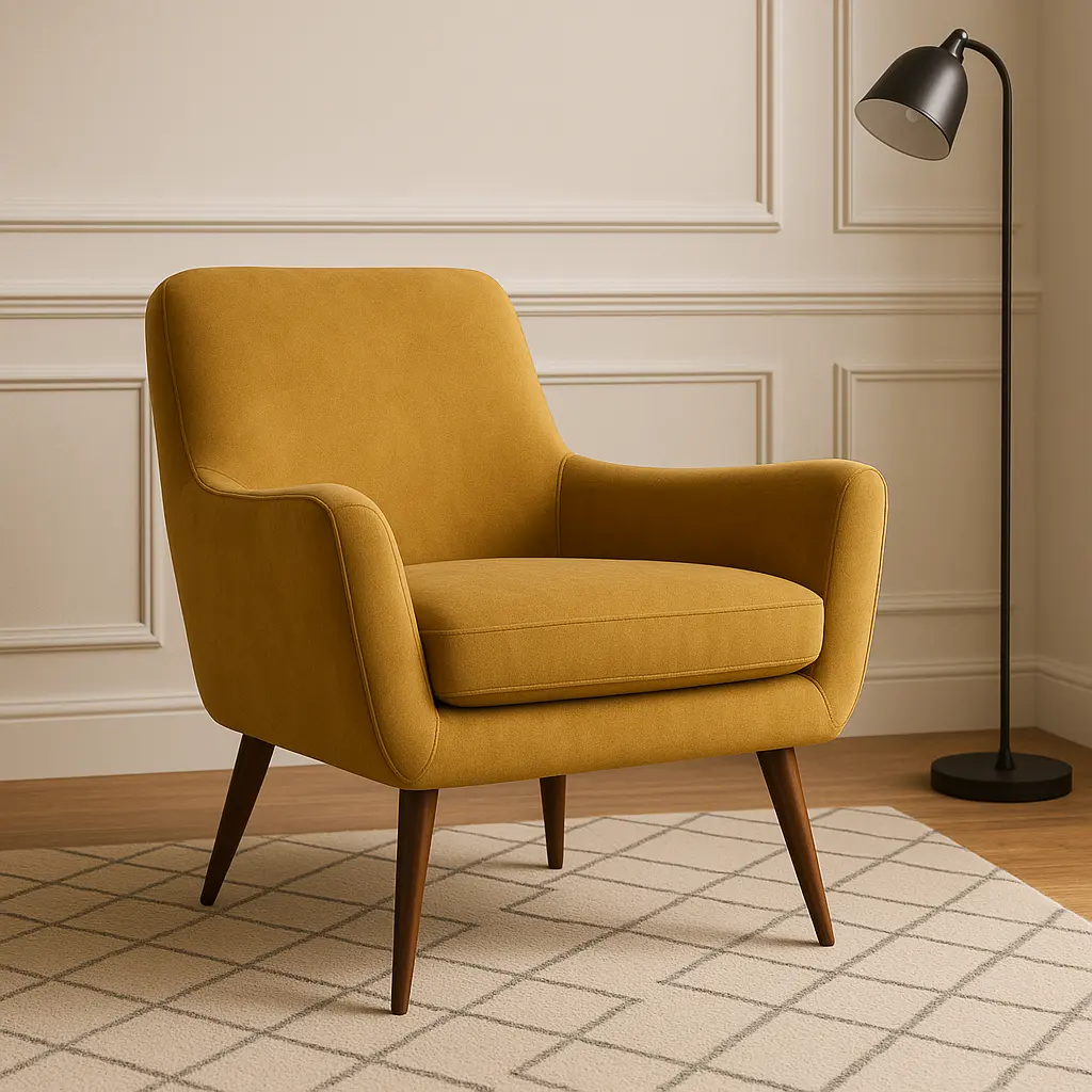 Poltrona retrô ao centro na cor mostarda com pés palito, design ergonômico e tecido tecnológico