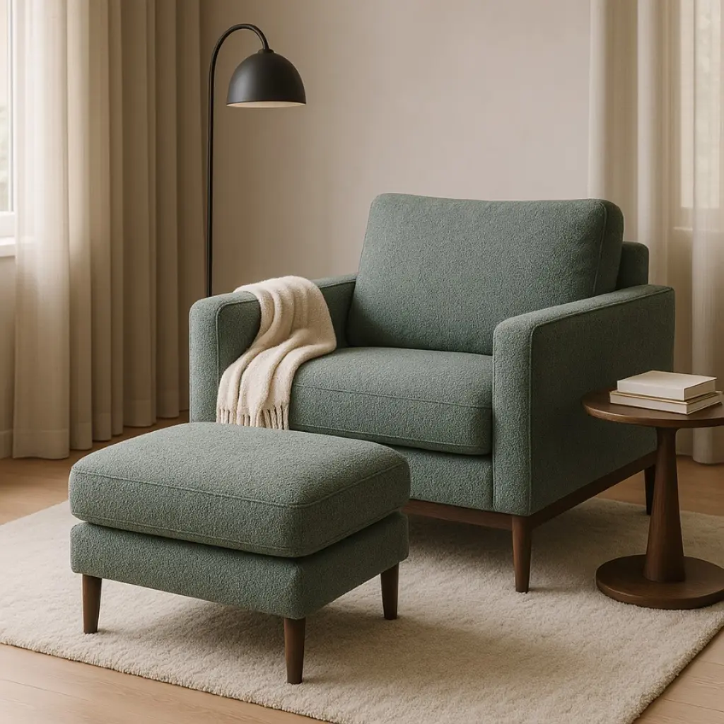 Poltrona de linho verde com pufe ergonômico para apoiar os pés em sala com tapete macio